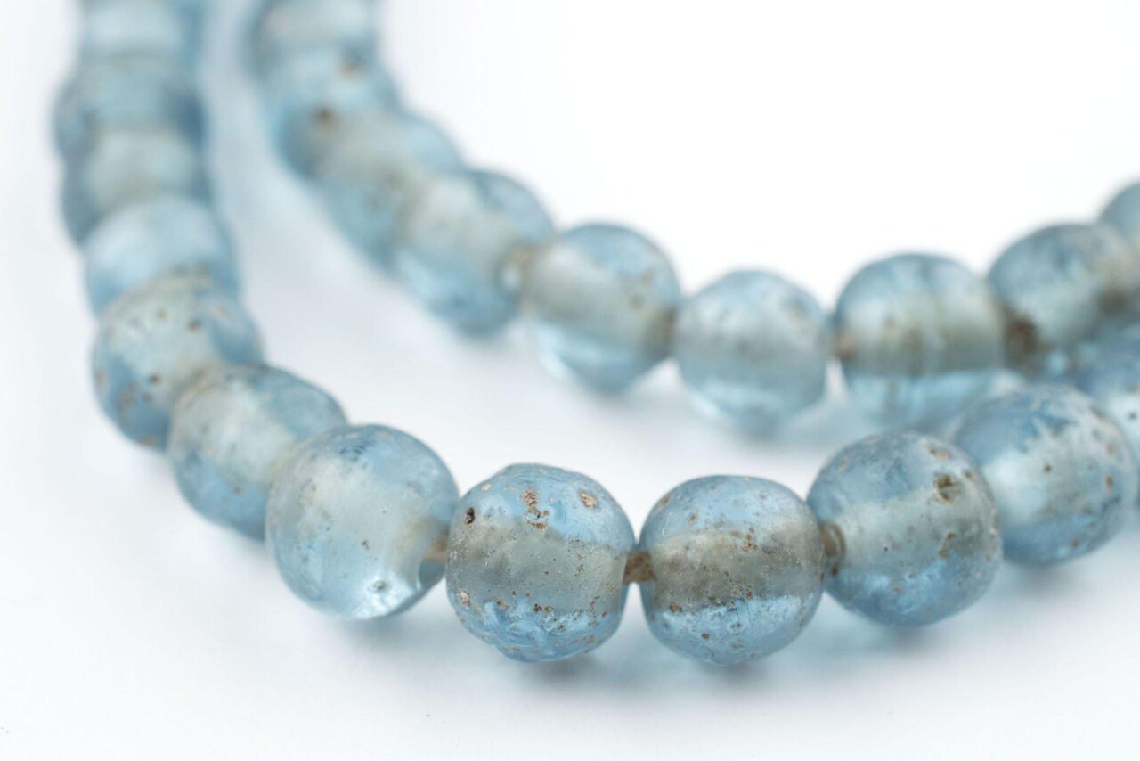 The Bead Chest Ancient-Style Java Glass Beads, Round Indonesian Handmade Fair Trade Etched Spacers for DIY Jewelry Making and Crafts (Light Blue)